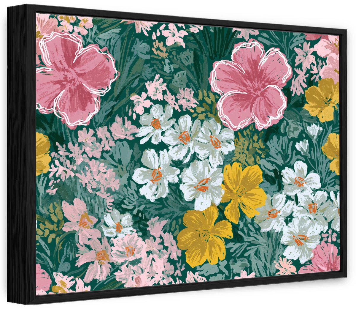 WALLARENA Canvas schilderij met zwarte lijst 60x40 cm - bloemenweide in bohostijl Meerkleurig
