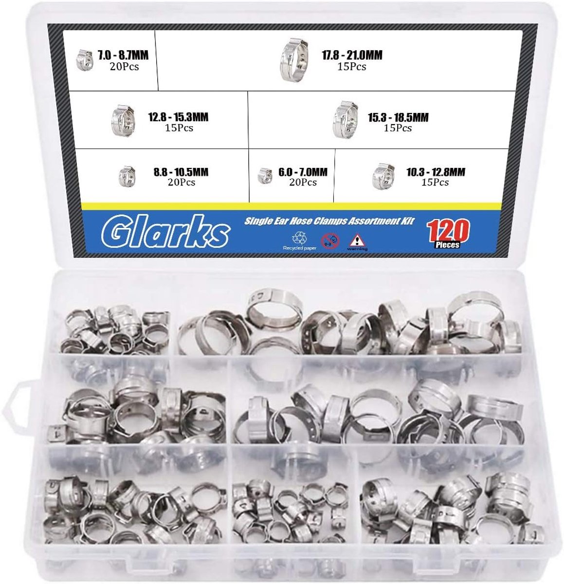SnelShoppen - 120 Stuks RVS Slangklemmen Assortiment Kit 7-21mm - Corrosiebestendig 304 Roestvrij Staal - Perfect voor Tuin, Keuken en Doe-Het-Zelf Kl