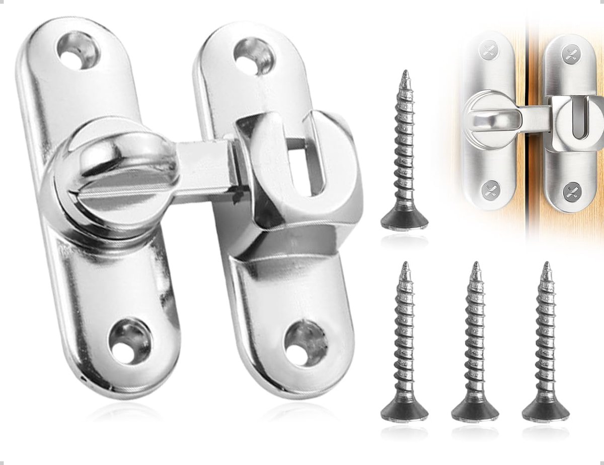 SnelShoppen - Lock Lock Deurslot 90/180 Graden, Schuifdeur Slot, Hoek Deurslot, Met Schroeven voor Keuken, Slaapkamer en Badkamer (Zilver)
