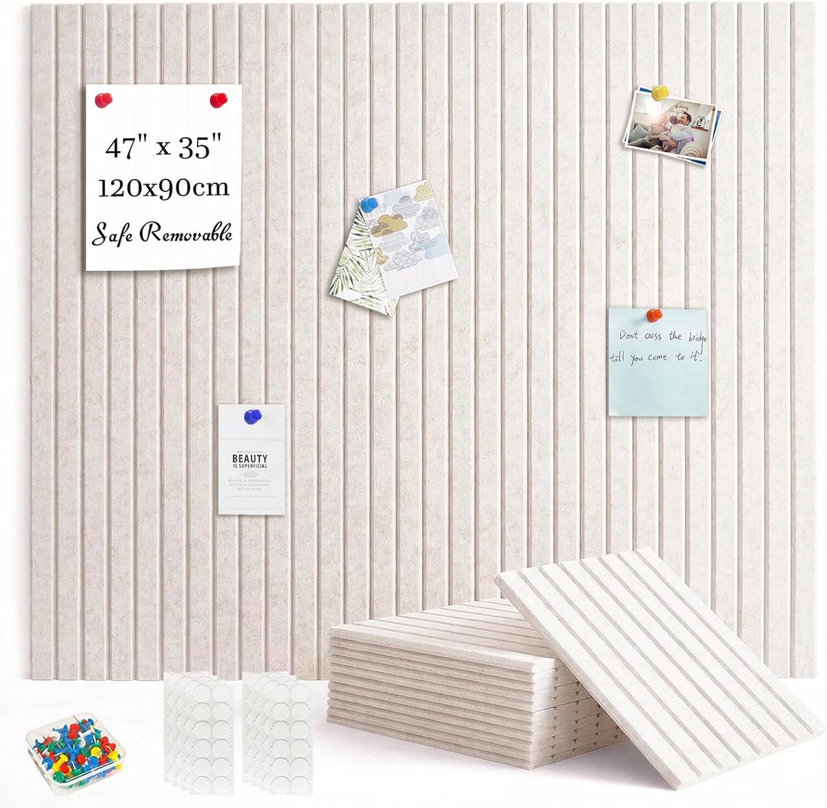 SnelShoppen - Felt Wandtegels Alternatief voor Kurkbord, 120x90cm, 12 Stuks Geluidsabsorberende Vilt Tegels met Verwijderbare Lijmtabs en 50 Duimspijk