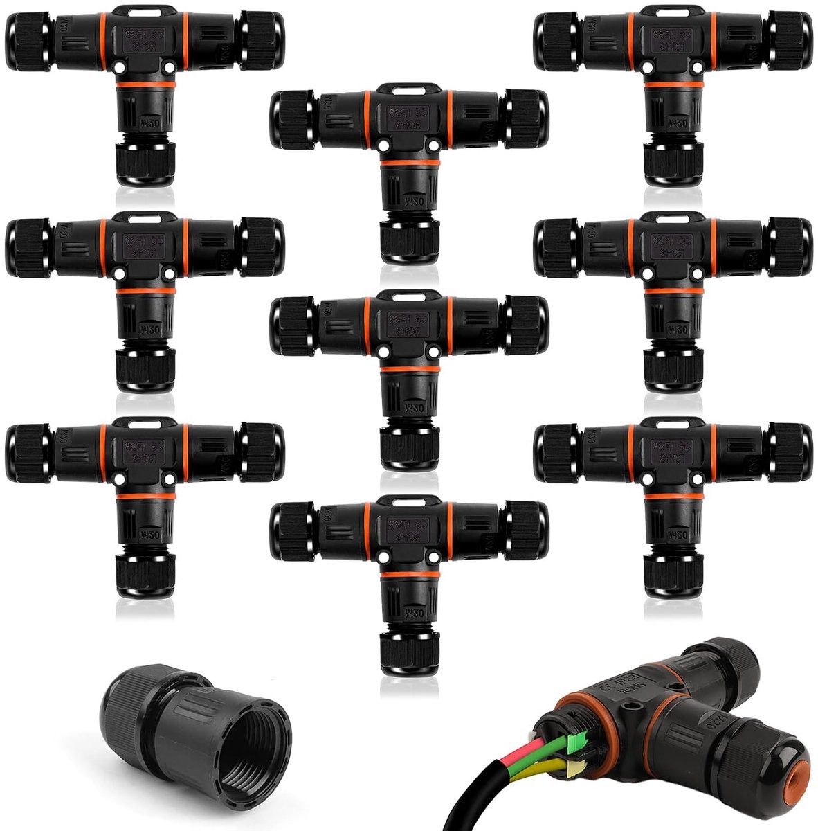 SnelShoppen - Pack van 9 Waterdichte Kabelconnectoren IP68, T-vormige Verdeeldoos, Klemdoos, 3-Pins Aardingsconnector, Voor Kabeldiameter 3-12 mm, Hoo