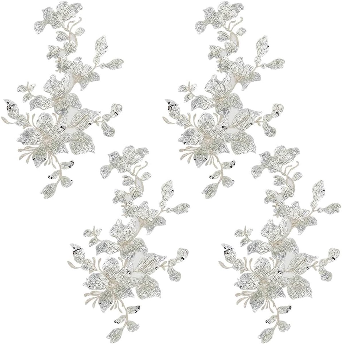 SnelShoppen - 4Pcs Borduur Pailletten Kant Applicaties Zilveren Bladeren Bloemen Patches Polyester Decoratieve Kleding Naaien Versieringen voor Stof D