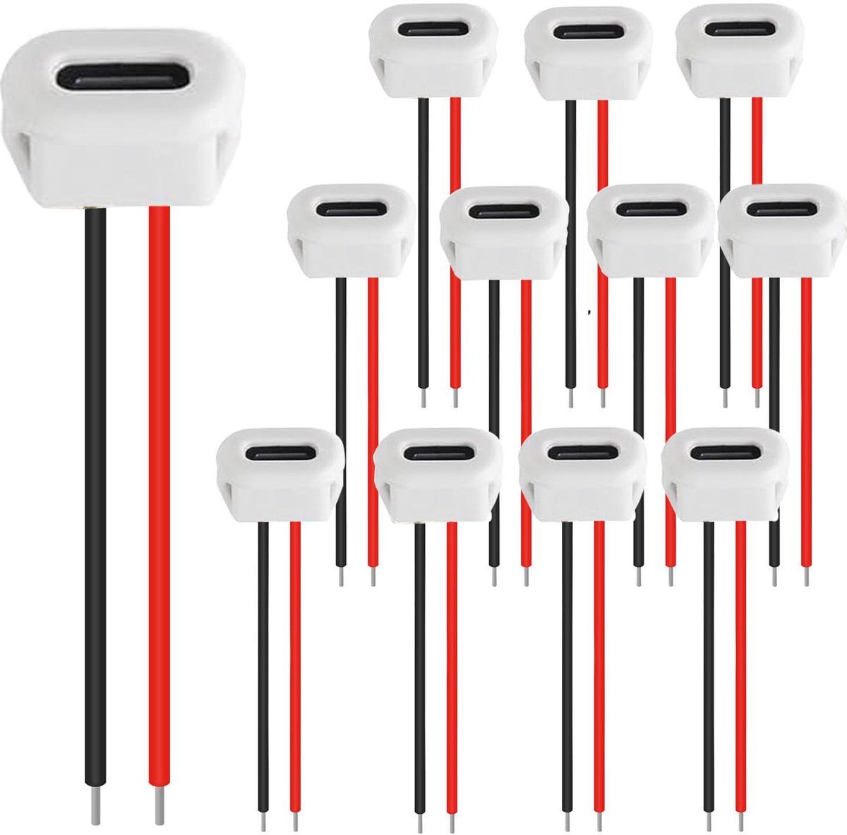 SnelShoppen - 12 x USB C aansluiting, 5 V, 3 A, 2-polige soldeer socket met PD functie, 100 mm, 24 AWG draden, wit - Voor opladen van apparaten