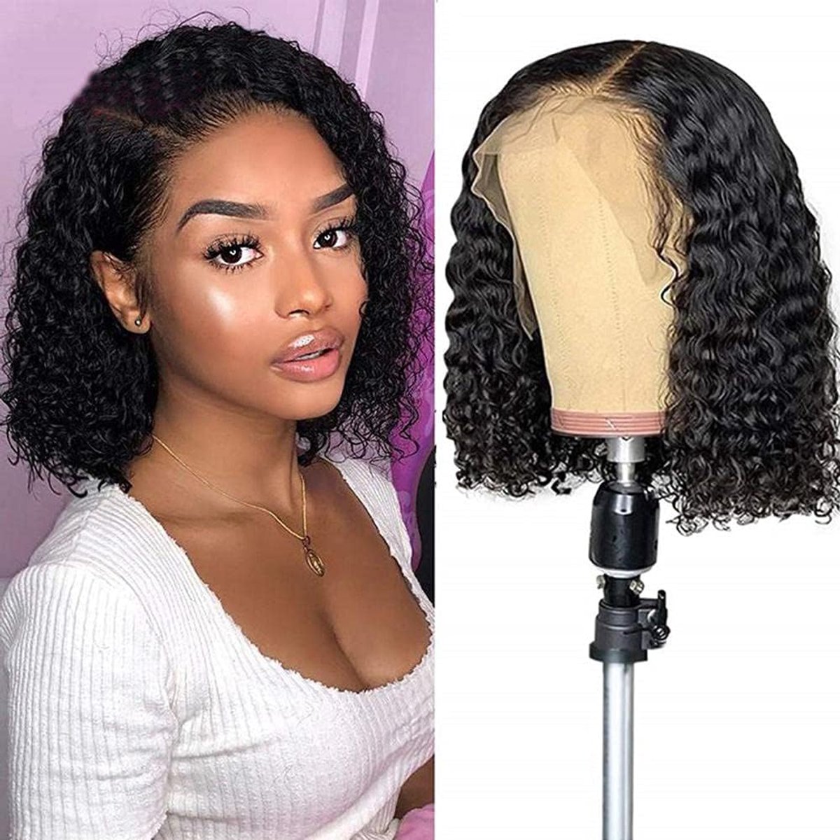SnelShoppen - Deep Wave Korte Bob Perücken, Korte Krullende Bob Pruik, Rozen Net Perücken, Glueless Machine Gemaakte Perücken, 150% Dichtheid, Brazili