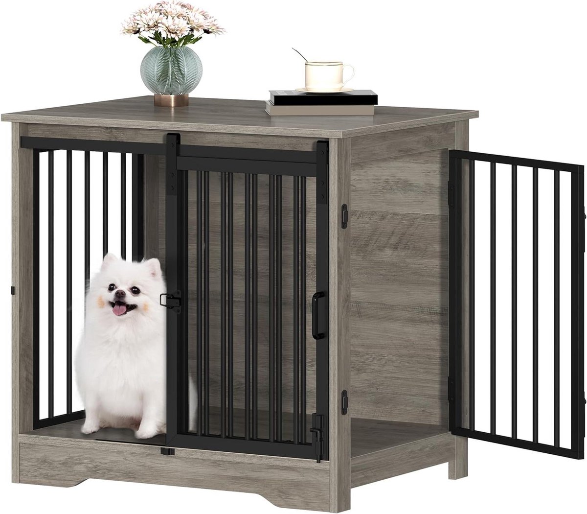 Hondenbench Meubel - Hondenhok Bijzettafel - Comfortabele Rustplek - Schuifdeur Ontwerp - 69 x 49 x 64.5 cm - Licht ivoor