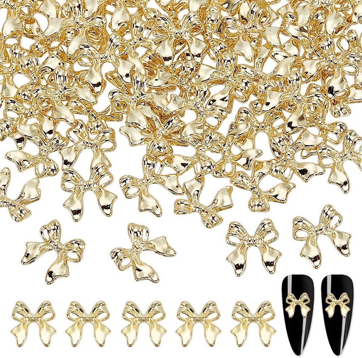 SnelShoppen - 80 Stuks Gouden Strik Nagel Charms 10.5mm Legering Strik Nagel Ontwerpen Schattige 3D Strik Nagel Art Charms Gouden Grote Boog Nagel Dec