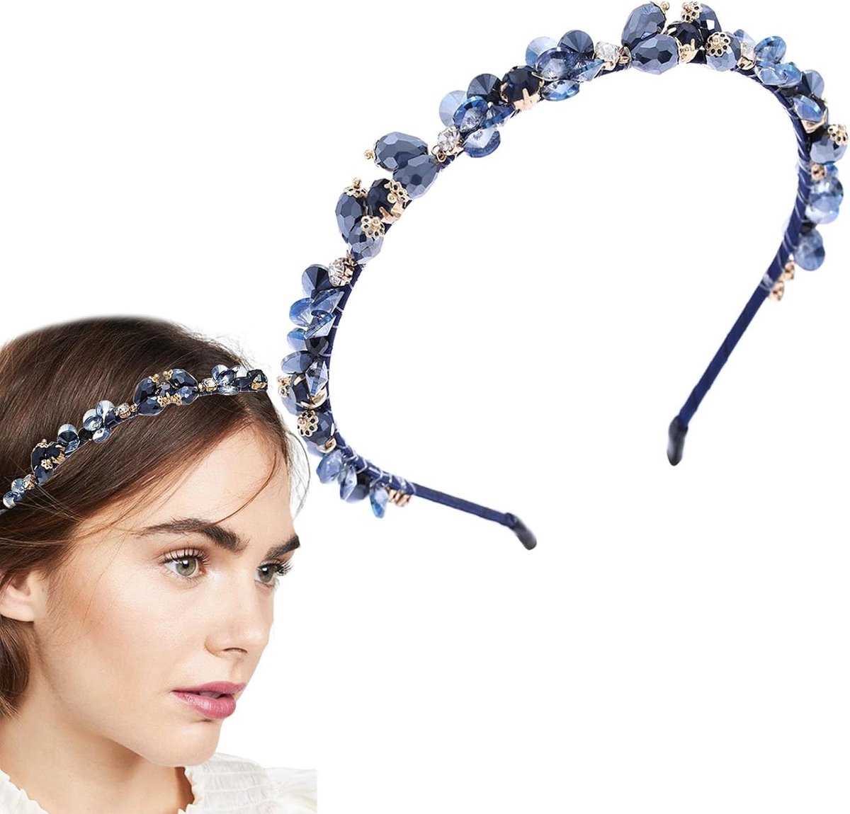 Hair Bands Bling Rhinestone Hair Band Crystal Navy Blue Gemstone Vintage Thin Hair Band Party Prom Hair Accessories - ShopVlot