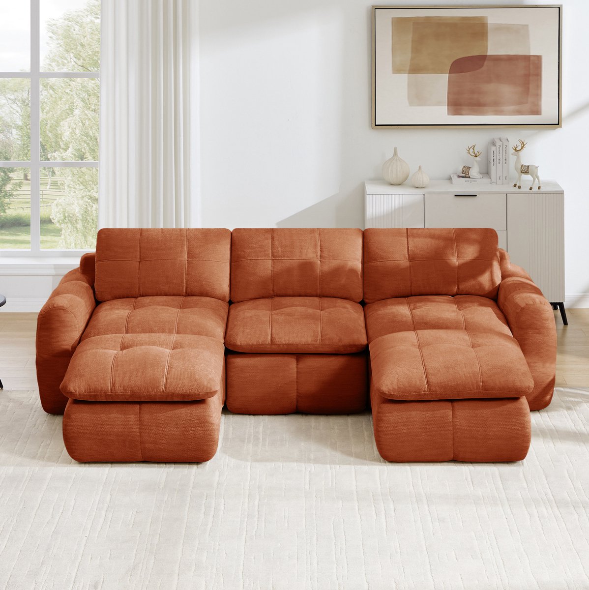 FloraGrace U-bank 3-Zits - Modulair Zonder Montage - Met 2 Ottomans en Wolkzacht Zitcomfort - Voor Woonkamer en Appartement - Chenille - Oranje