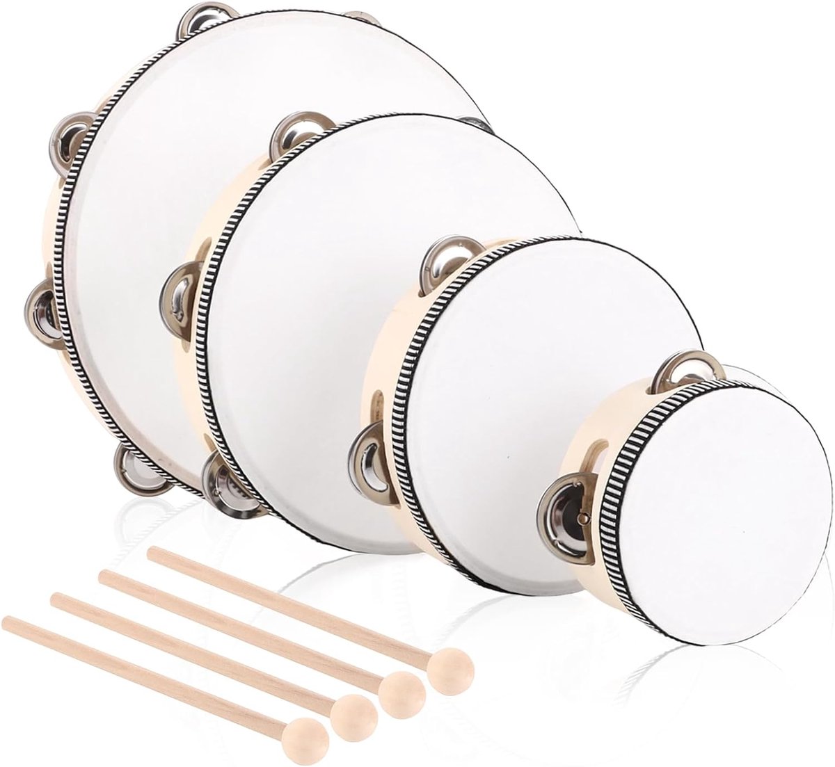 SnelShoppen - 4-delige Handtrommel Set met Stok Tambourine, Houten Tambourijn, Handdrum voor Feesten, Optredens (10cm, 15cm, 20cm, 25cm)