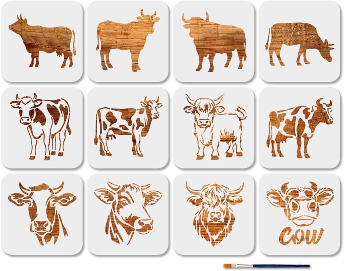SnelShoppen - 12 Schotse Koeien en Runderen, Herbruikbare Sjablonen 15×15cm, Boerderij Dieren Modellen met Decoratieve Quasten voor Raam en Wanddecora