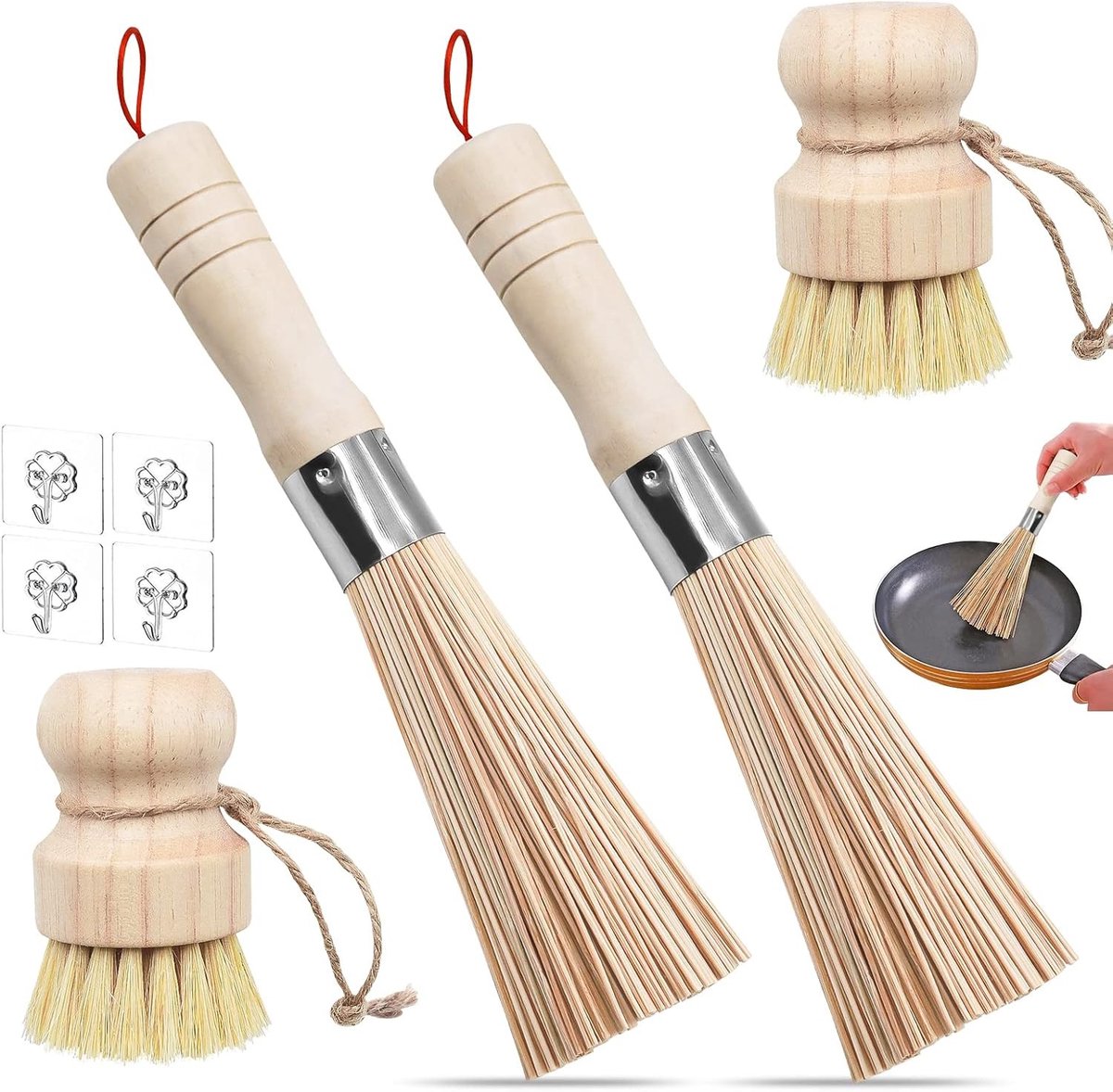 Set van 4 bamboe wokborstels en paddenstoelenborstel voor het reinigen van pannen, borden en bestek met 4 haken