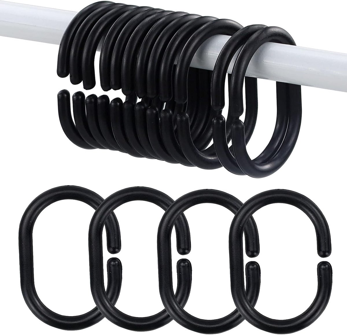 SnelShoppen - 12 Stuks Badkamer Douche Raam Stang Plastic Douche Gordijn Ring Haak Schuif Gordijn Ring (Zwart)