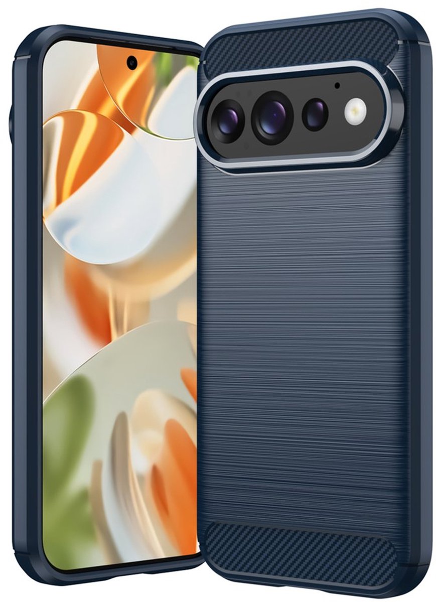 MobyDefend Hoesje - Geschikt voor Google Pixel 11 Pro - TPU Backcover - Geborstelde Metaal & Carbon-Look - Blauw