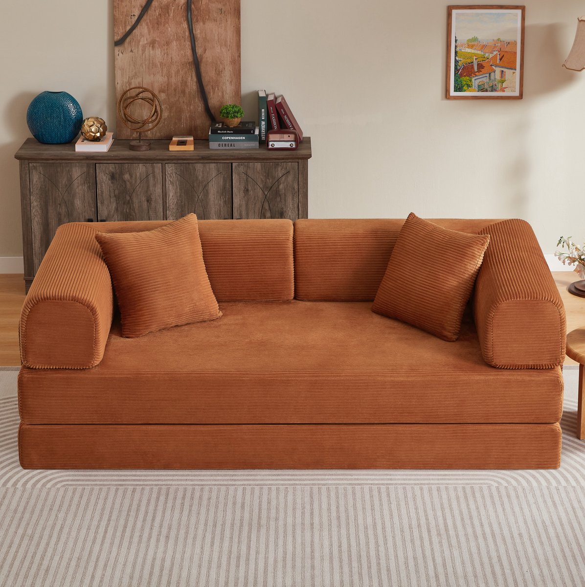 FloraGrace Slaapbank 3-Zits Uitklapbaar - Met 2 Kussens, Koudschuim En Stalen Frame - Voor Woonkamer, Slaapkamer En Appartement - Terracotta