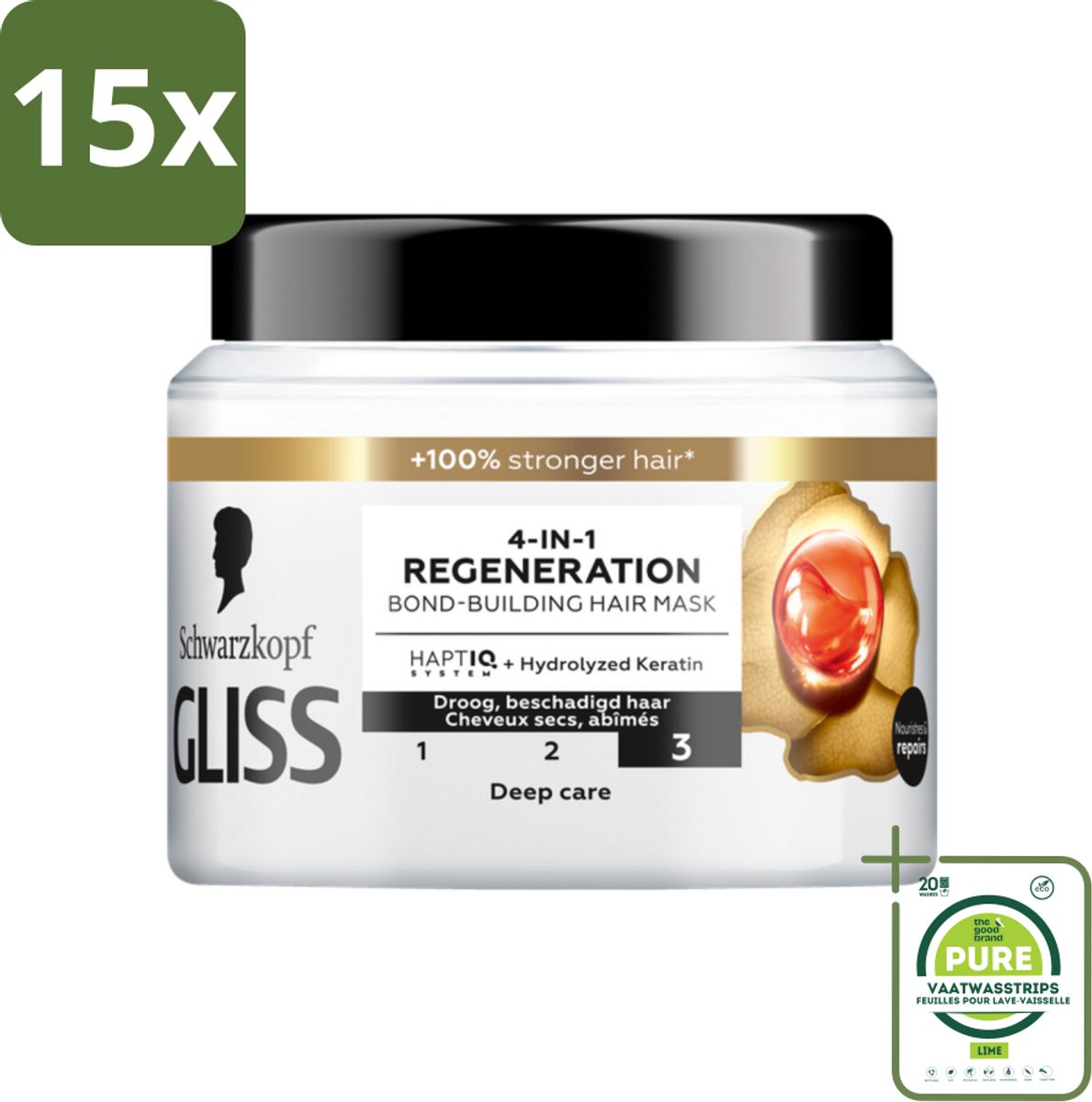 15 x Gliss - Haarmasker - 4in-1 Hair Mask - Voor Diep Herstel - 400 ml - Grootverpakking - Haar Masker - Haarmasker Herstel - Droog Haar - Beschadigd Haar - Glans Haar