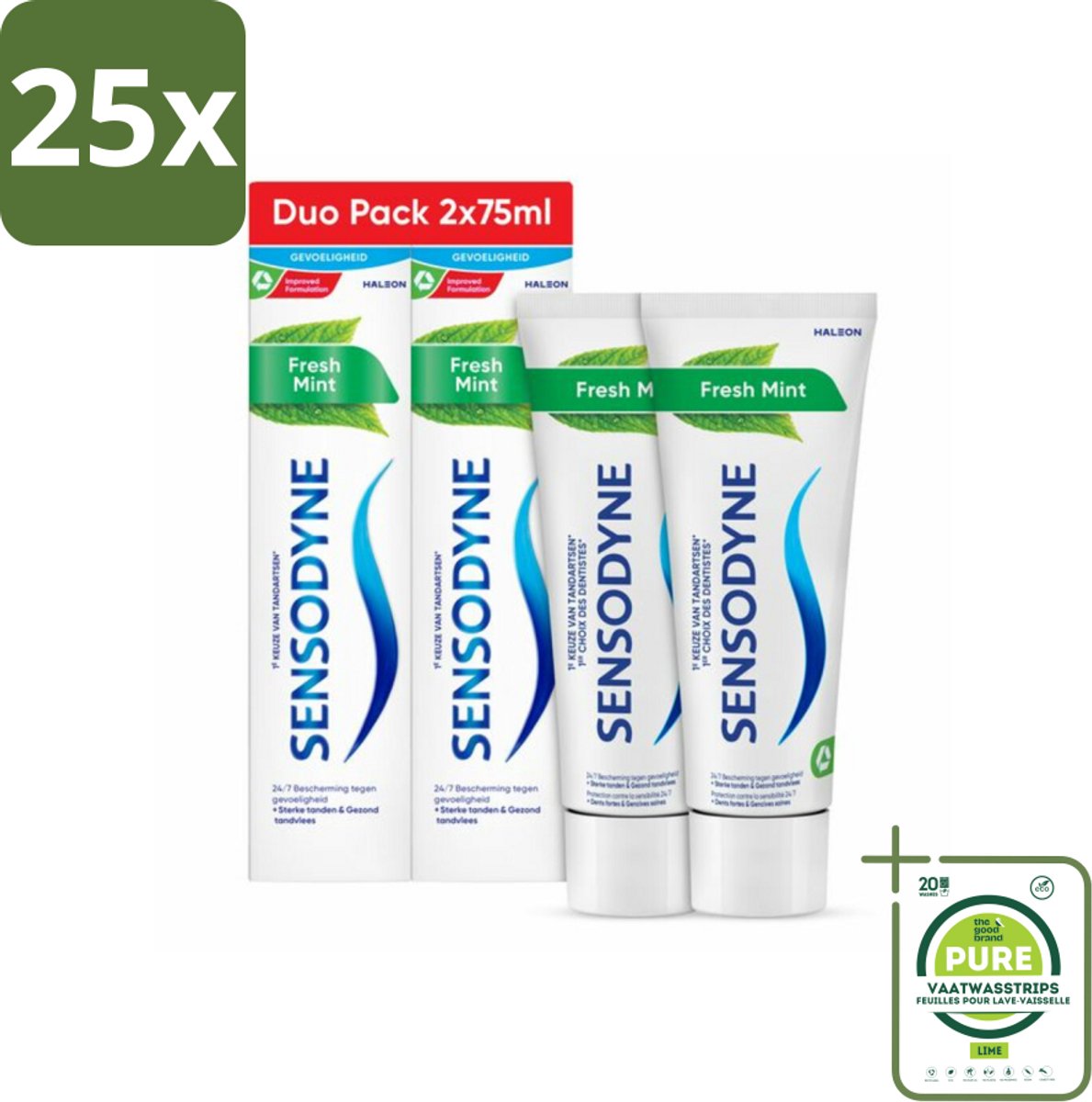 25 x Sensodyne - Tandpasta - Fresh Mint - Frisse Munt - Duopack - 2 x 75 ml - Grootverpakking - Gevoelige Tanden - Tandpasta - Tandplak Verwijderen - Fluoride - Tandglazuur