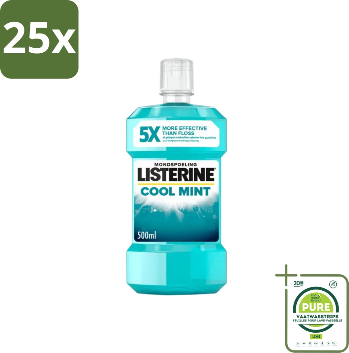 25 x Listerine – Mondwater – Cool Mint – Verfrissende adem – 500 ml - Grootverpakking - Mondwater - Mondhygiëne - Tandplak - Tandvlees - Adem