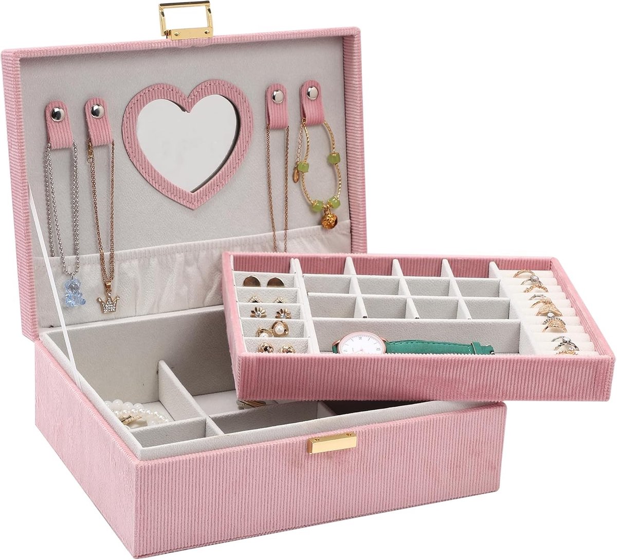 Sieradendoosje - Roze - 25,4 x 19,5 x 9,5 cm - Fluwelen Organizer met 2 Etages - Voor Dames en Meisjes
