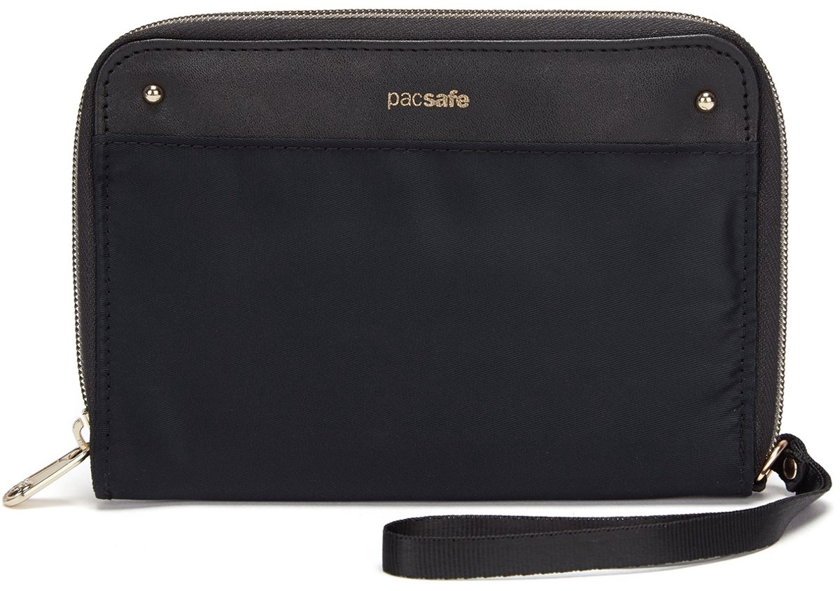 Pacsafe Portemonnee - 16.3 x 11.5 x 2 cm -Pasjeshouder - RFID-beveiligd - Inclusief Veiligheidsketting - Lichtgewicht - Veelzijdige Opslag - Polyester - Zwart
