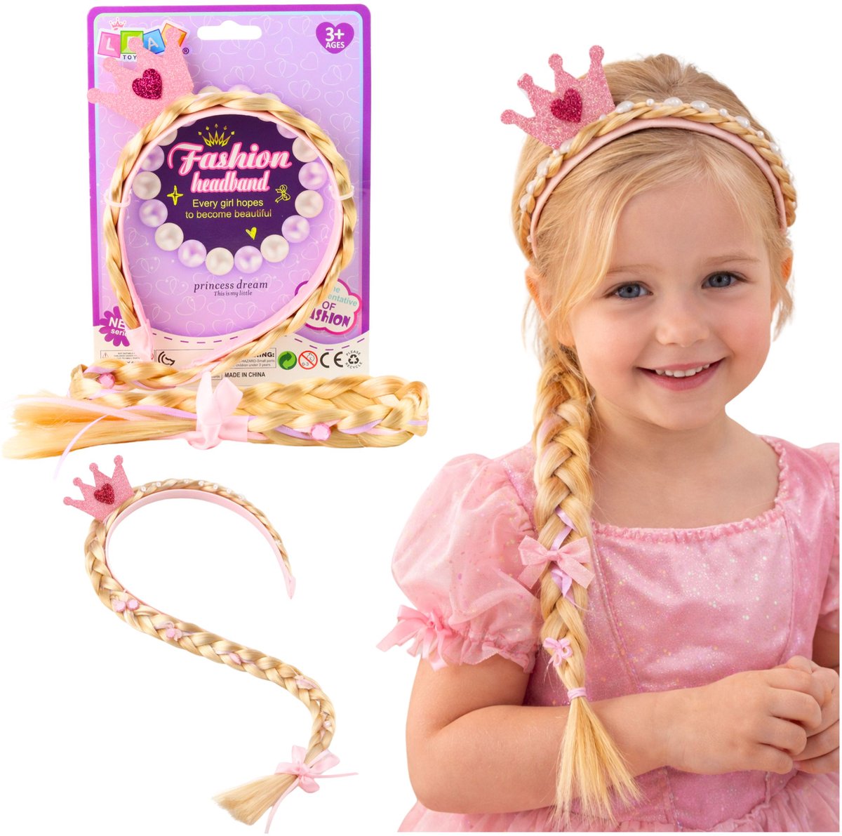 Hoofdband Met Lange Vlecht Roze Lint Diamanten Kroon 50 Cm - UNI