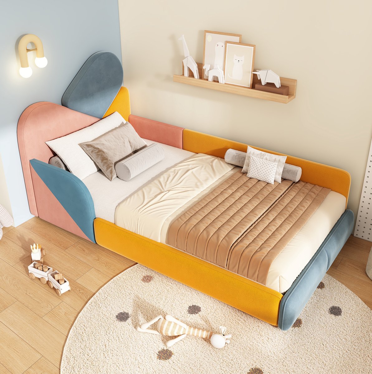 Kinderbed 90x200 cm - Gestoffeerd Eenpersoonsbed Met Verhoogde Uitvalbeveiliging - Patchwork Design - Laag Bed Voor Kinderkamer - Fluweel - Blauw Roze Oranje