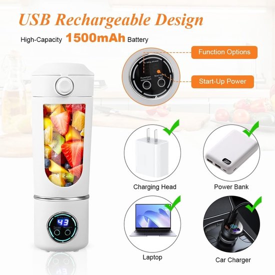 Draagbare mixer, 700 ml, kleine sapcentrifuge, oplaadbare smoothie maker, met 12 roestvrijstalen messen, mini-blender voor smoothies en shakes, persoonlijke blender voor reizen, kantoor, sport (wit) van Merkloos — afbeelding 5