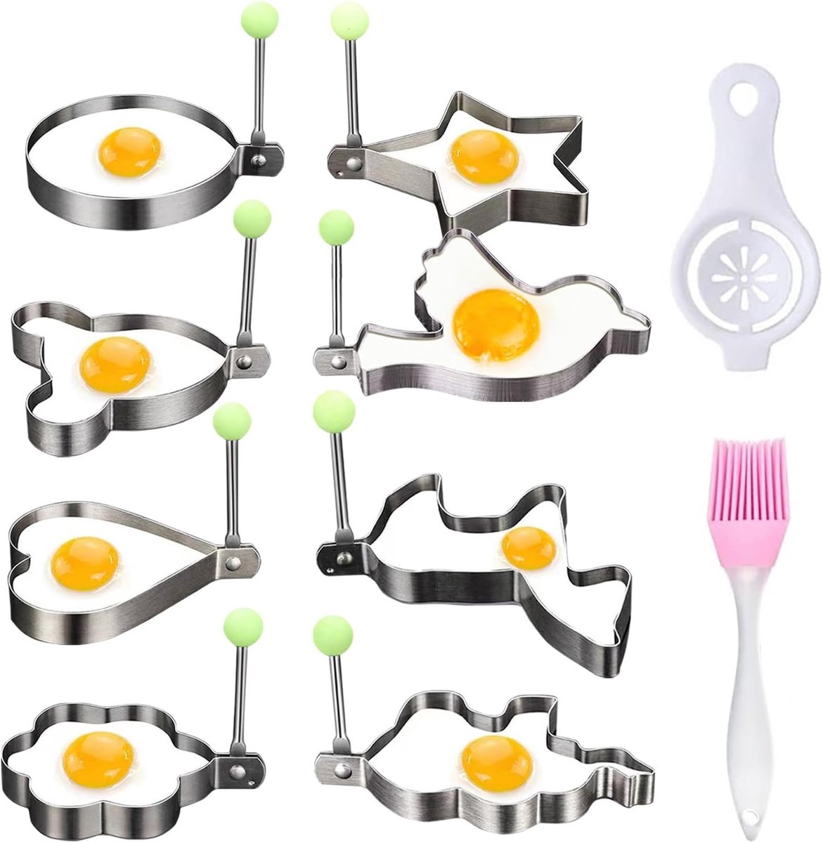 8 Stuks Spiegelei Vormpjes voor Pannenkoeken met Vouwhandvat en Oliekwast, Ideaal voor Omeletten en Vleesgerechten