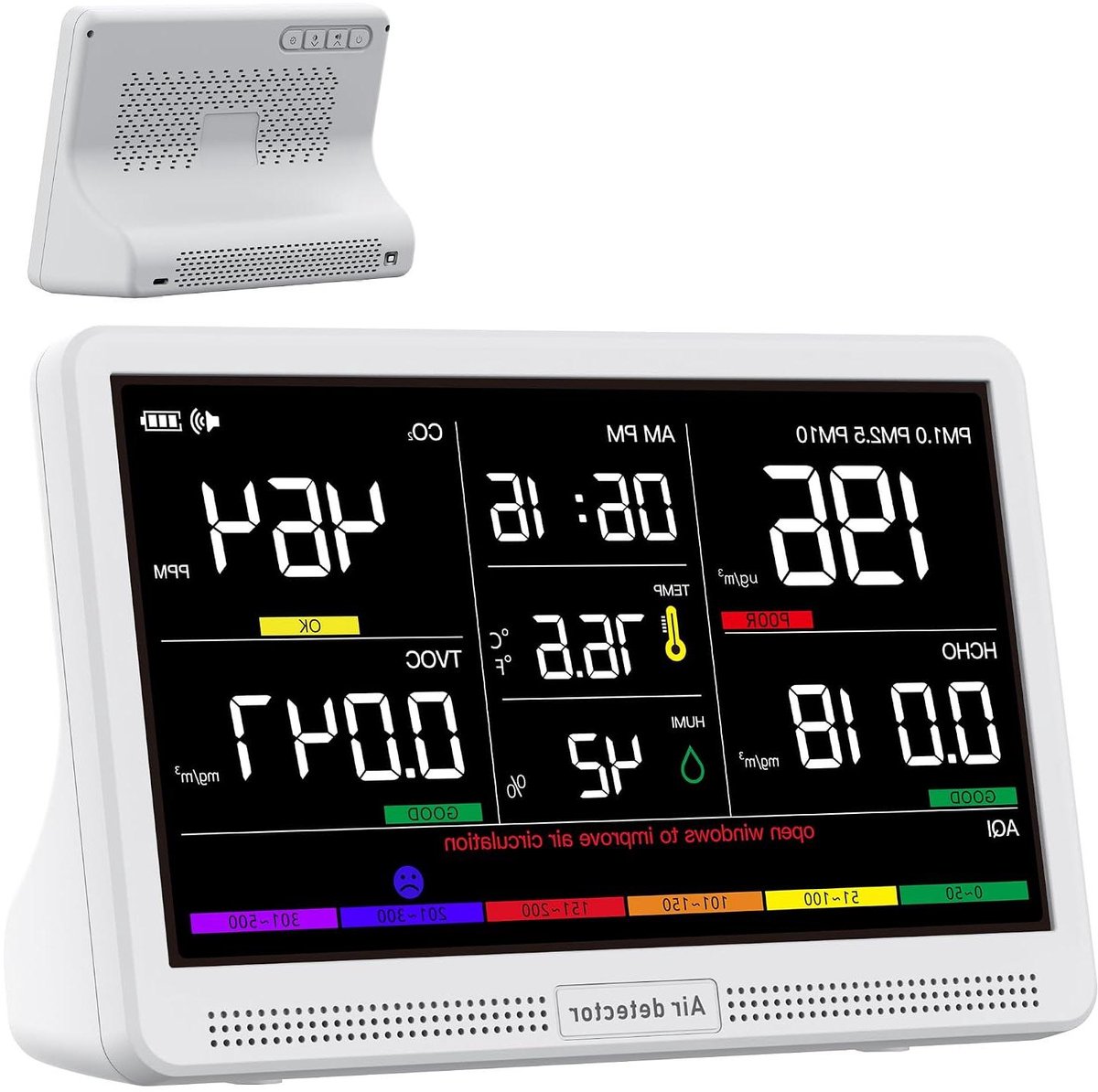 Luchtkwaliteitsmonitor - Luchtmeter - Binnenlucht Meten - 16-in-1 Functies - 7 inch Display - Wit