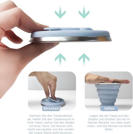 SnelShoppen - 2 Stuks Opvouwbare Siliconen Bekers met Deksel, Herbruikbare Reisbekers, 270ml, Lichtblauw en Matcha Groen, Perfect voor Kamperen, Pickn — afbeelding 2