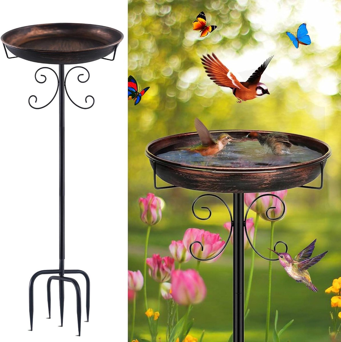 Staande Vogelbad - Vogel Voederstation - Vogels Voeren - Versterkt Metalen Ontwerp - 30.5 cm Diameter - Antiek Brons