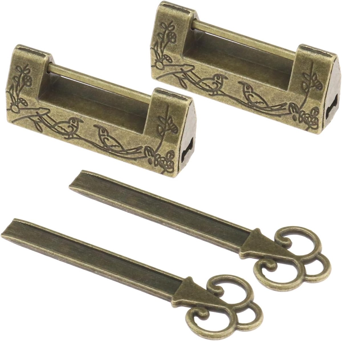 SnelShoppen - 2 Stuks Dubbele Vogels Gegraveerde Hangslot Vintage Hangslot Antiek Chinees Slot Decoratief Hangslot Bronzen Sleutel Hangslot voor Kast