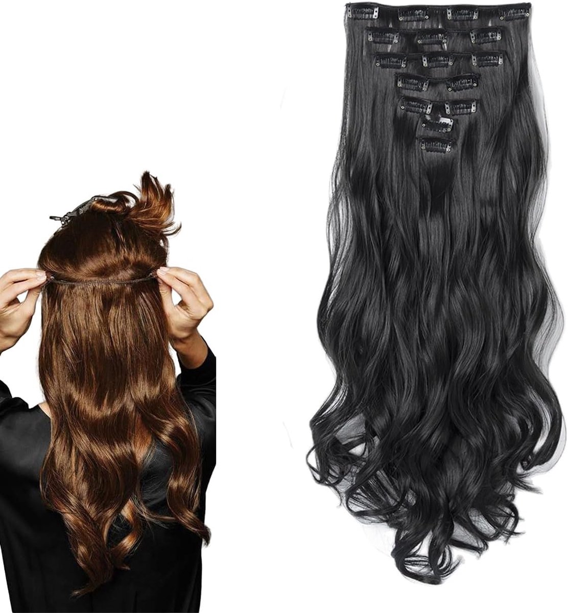 SnelShoppen - Clip-In Extensions Wavy Zwart met Clips, Zachte Synthetische Haarstuk voor Vrouwen, Dikke Haarpiece 56 cm, Ideaal voor Feest en Dagelijk