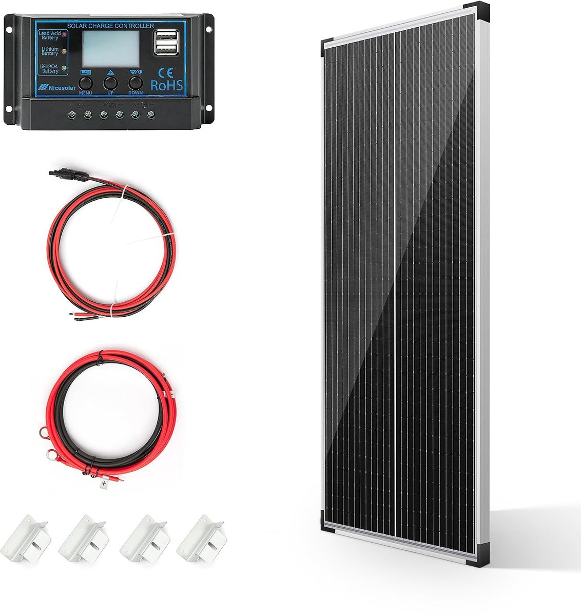 SnelShoppen - 100 W 12 V Zonnepaneel Set met 20 A Laadcontroller - Monokristallijn Zonnepaneel voor Motorhome, Boot, Caravan, Huishoudelijk Gebruik, O