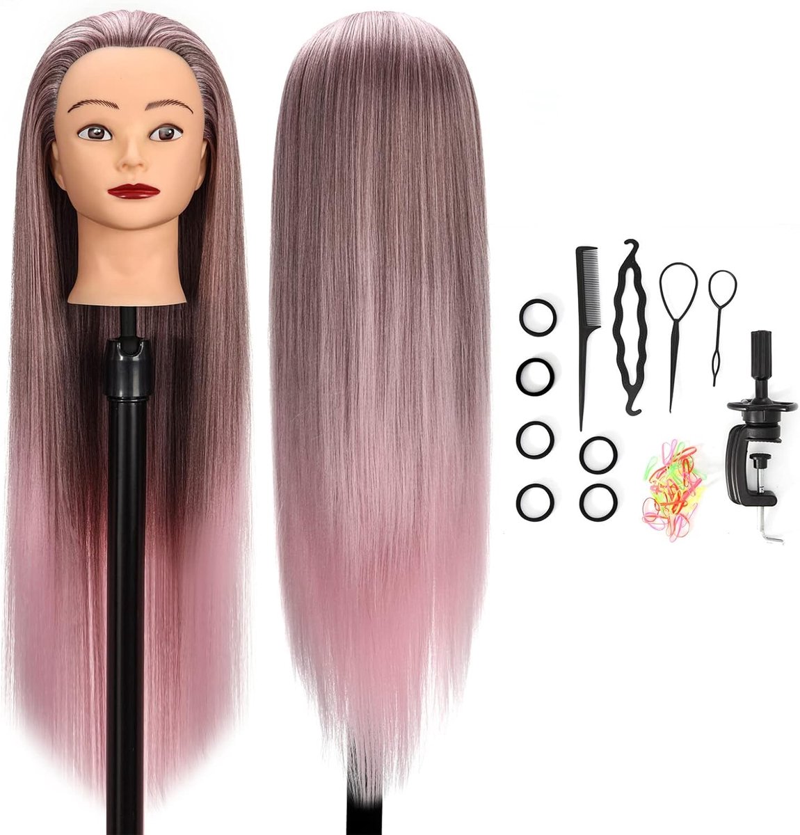 SnelShoppen - Hairdressing Training Head Mannequin Hoofd 26-28 Inch 100% Synthetisch Vezel Cosmetologie Pop met Klemhouder + Haaraccessoires Set voor
