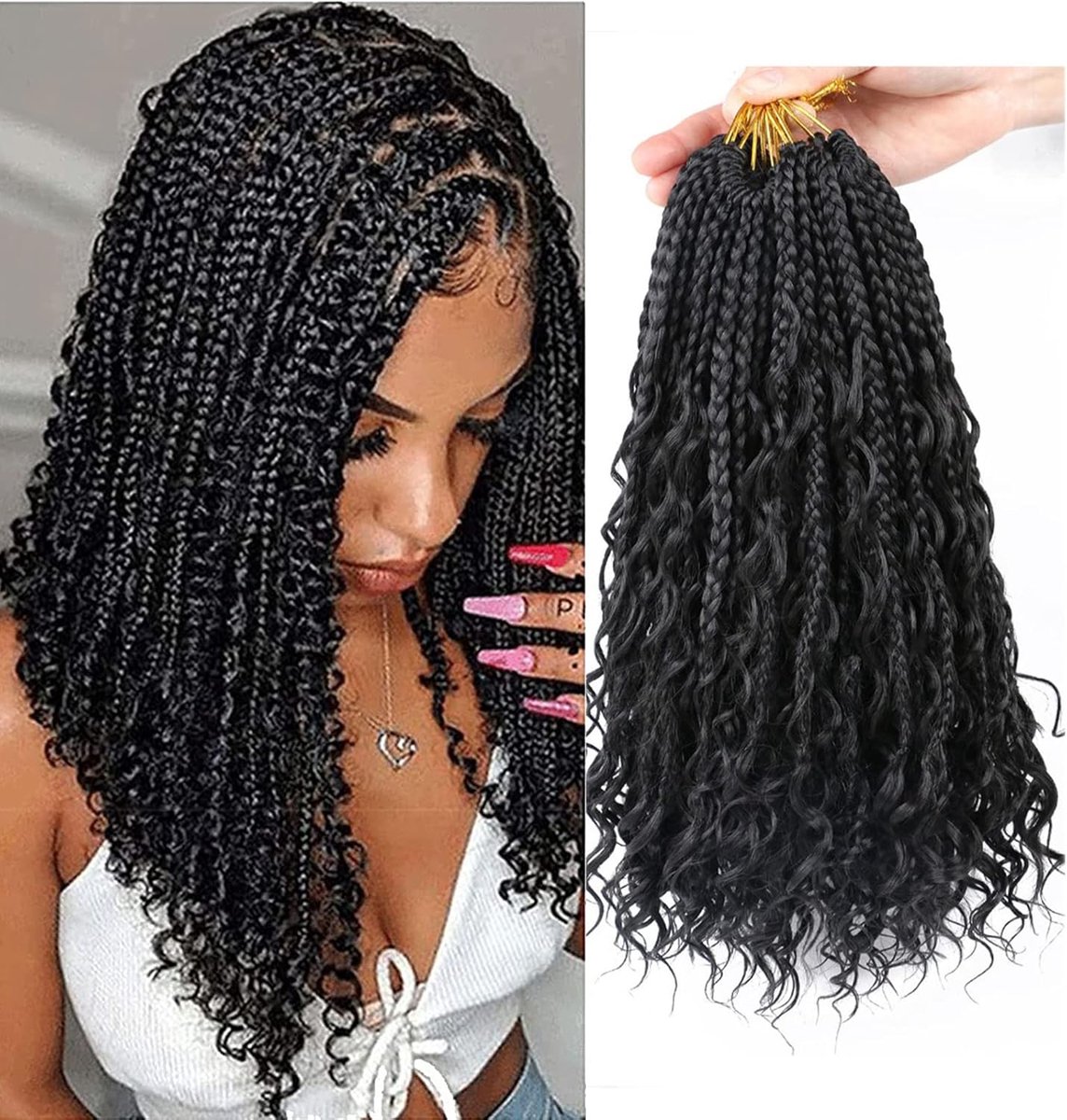 SnelShoppen - 8 Packs Haakvlecht Extensions 14 Inch Godinnen Vlechten Curly Einden, 3x Synthetische Vlecht Haar voor Zwarte Vrouwen