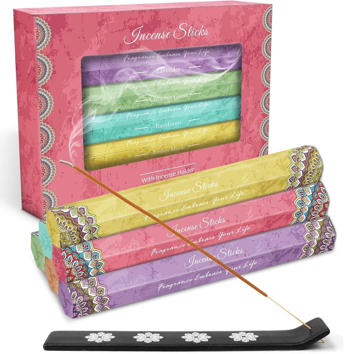 Multipack van 120 Wierookstokjes met Houder en 6 Geuren voor Meditatie, Yoga en Feestdagen