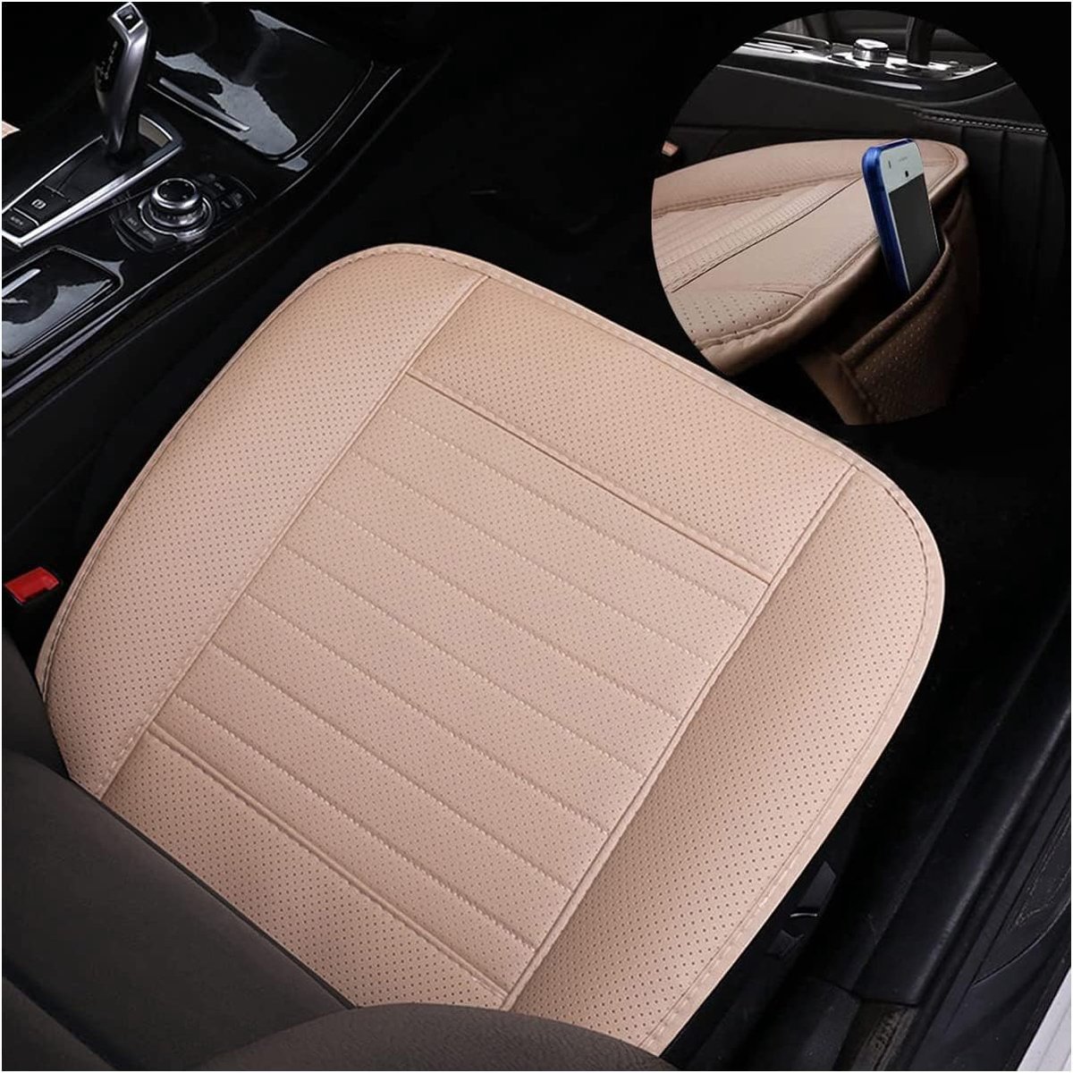 SnelShoppen - Universele autoszetelbekleding van leer, antislip, zacht, ademend, met bamboe-houtskool (beige)