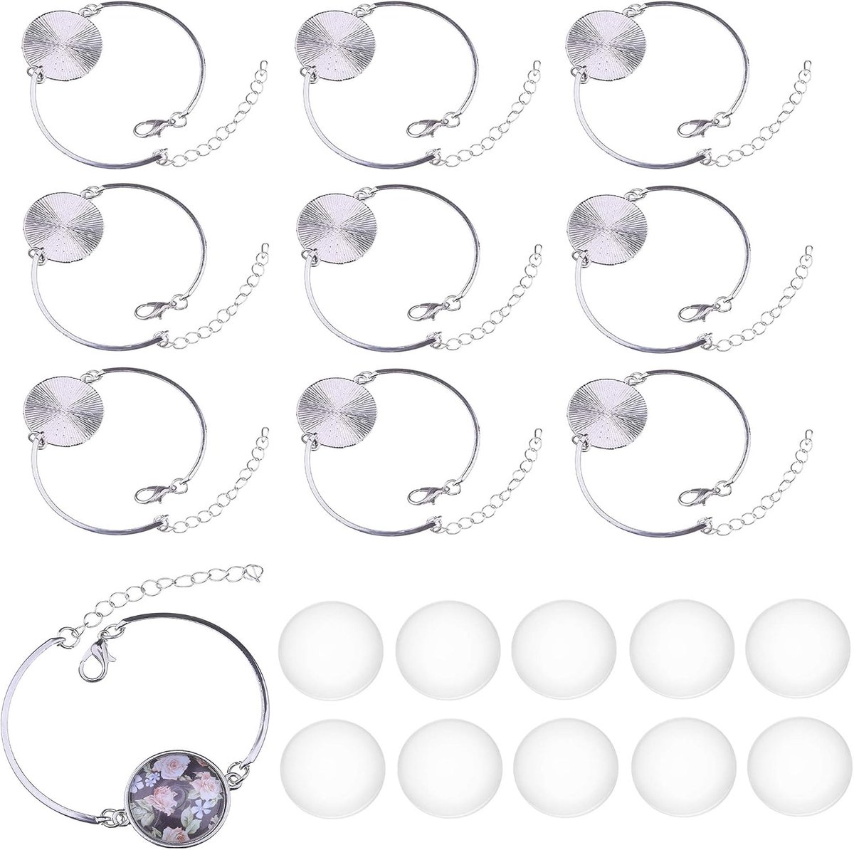 SnelShoppen - 10 Stuks 20mm Armband Bezel Setting met Lege Bezel Tray - DIY Sieraden Maken met 10 Stuks Heldere Glazen Cabochons - Verstelbare Armband