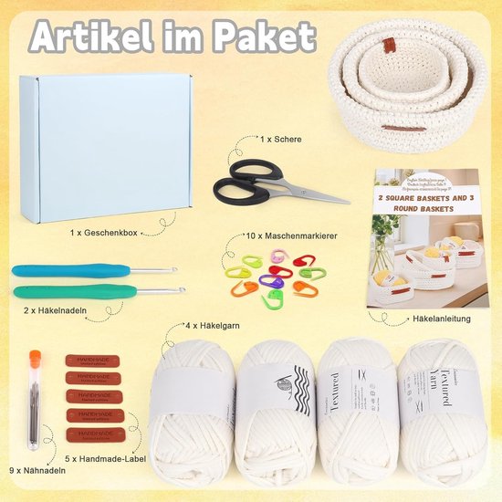 Beginner Haakset met 3 Maten - Rond Haakpatroon en Wol voor het Maken van Mandjes en Leren Haken — afbeelding 5