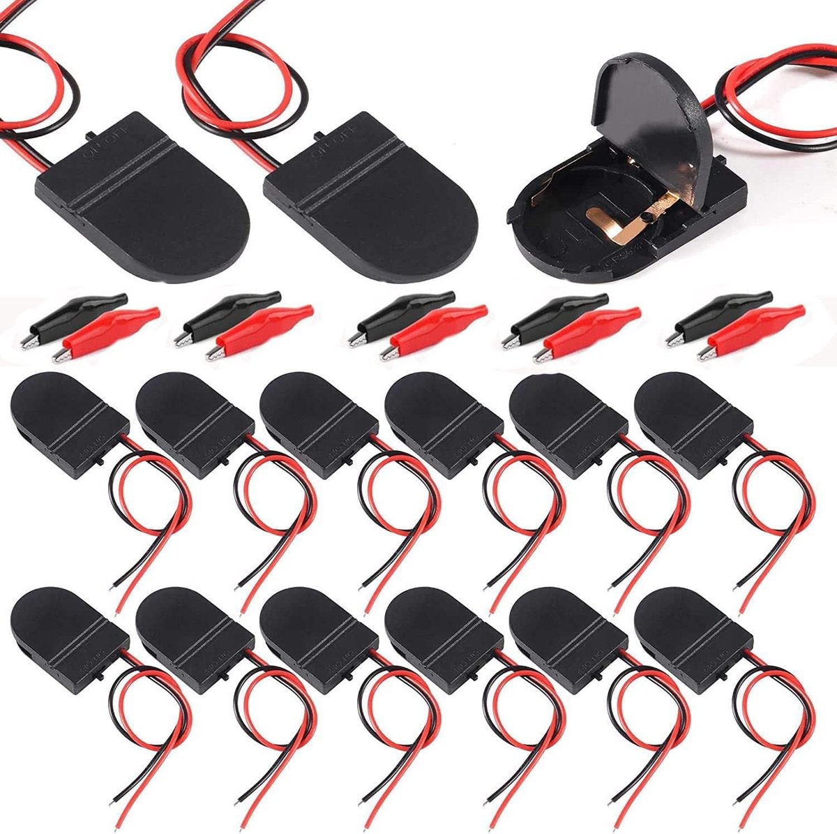 SnelShoppen - 20 Stuks CR2032 Batterijhouder met Schakelaar, Button Cell Batterijhouder Adapter Clip Socket, 3V Voeding, Zwart met Krokodillenklemmen