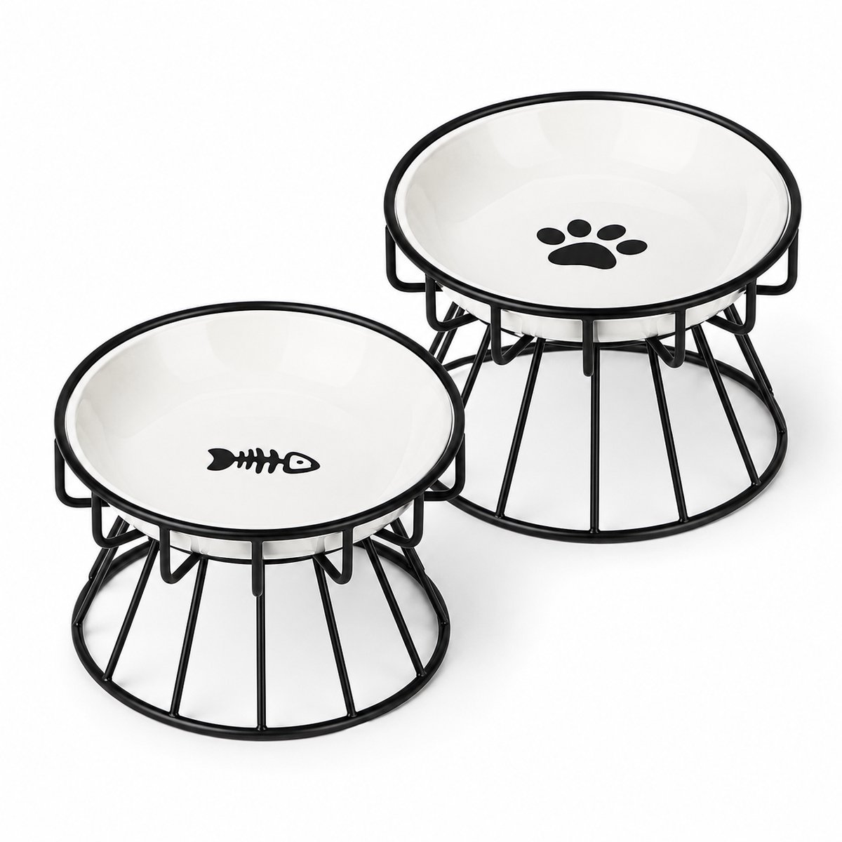 Bobypet - Verhoogde Kattenvoerbak Keramiek Set van 2 - Ergonomische Drinkbak en Voerbak op Standaard - Snorhaarvriendelijk - Hoogte 10 cm - Zwart en Wit