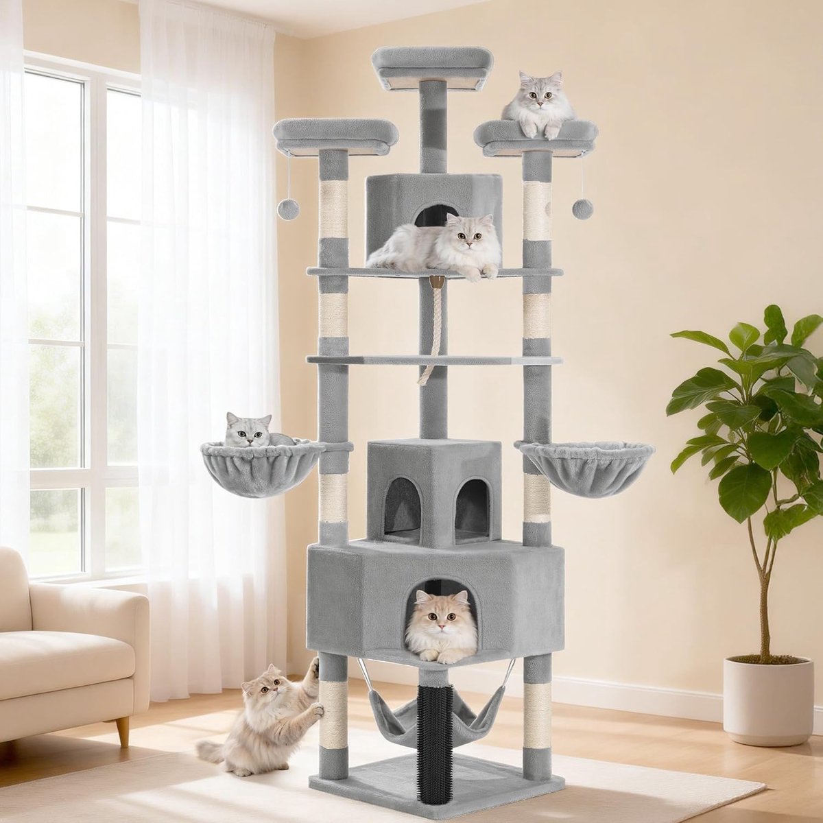 Hzuaneri Krabpaal voor Binnenkatten, 220 cm Hoge Krabpaal, Klimrek voor Katten met Grote Grot, 3 Ligplatforms, 8 Sisalstokken, Hangmat, Mandjes, Krabpaal, Dik Sisaltouw, Lichtgrijs