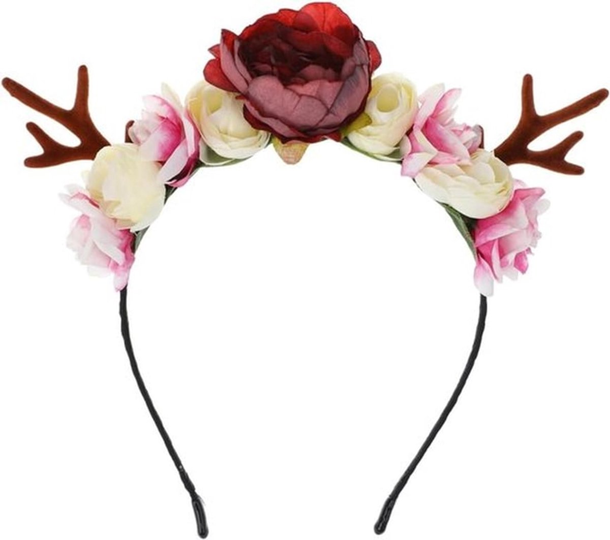 Kersthoorn haarband met hertengeweien en bloemen voor feestelijke kostuums en winterse evenementen