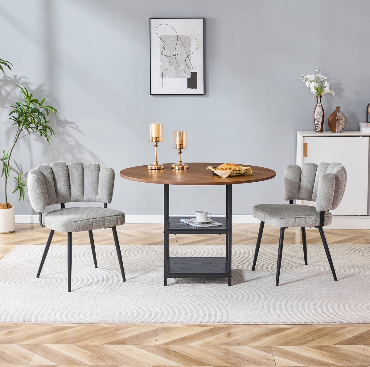 REDOM- Set tafel en stoelen - Ronde eettafel 107 cm - Dubbele opberglagen - Metalen frame - Moderne stijl - Kleine ruimte - MDF - Lichtgrijs, Walnootlook en Zwart - 107 x 107 x 75 cm