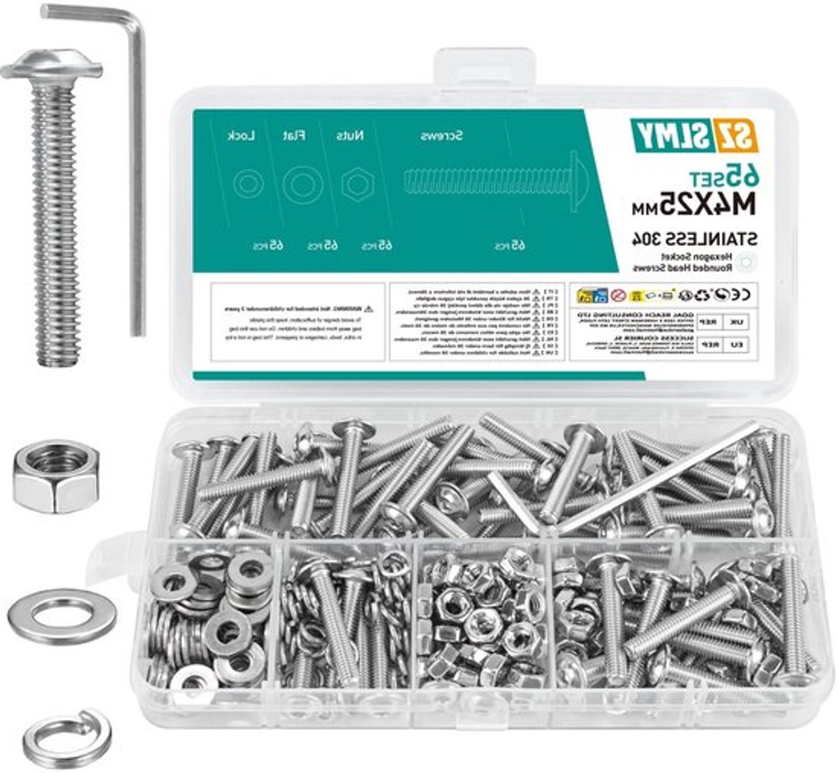 Set van 65 M4 Schroeven, RVS Lenskop Schroeven, Moeren en Platte Schroeven met Flens, Volledige Draad, Machine Schroeven voor Diverse Toepassingen