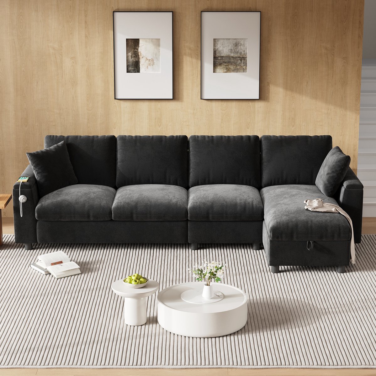 MEUNIQ Grijze hoekbank van chenille met opbergruimte, uitklapbare tafel, bekerhouders, USB en Type-C, links of rechts plaatsbaar voor de woonkamer Grijs