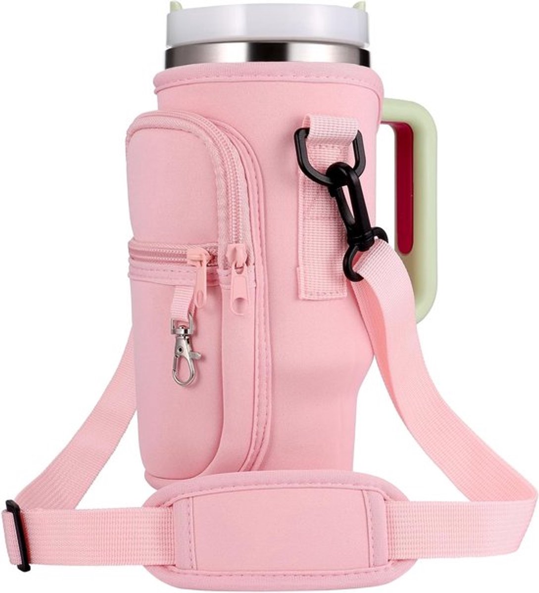 Waterfles Tas voor 40 oz Drinkflessen, Inclusief Telefoonvak, Verstelbare Schouderband en Carabiner, Ideaal voor Wandelen en Reizen (Roze)