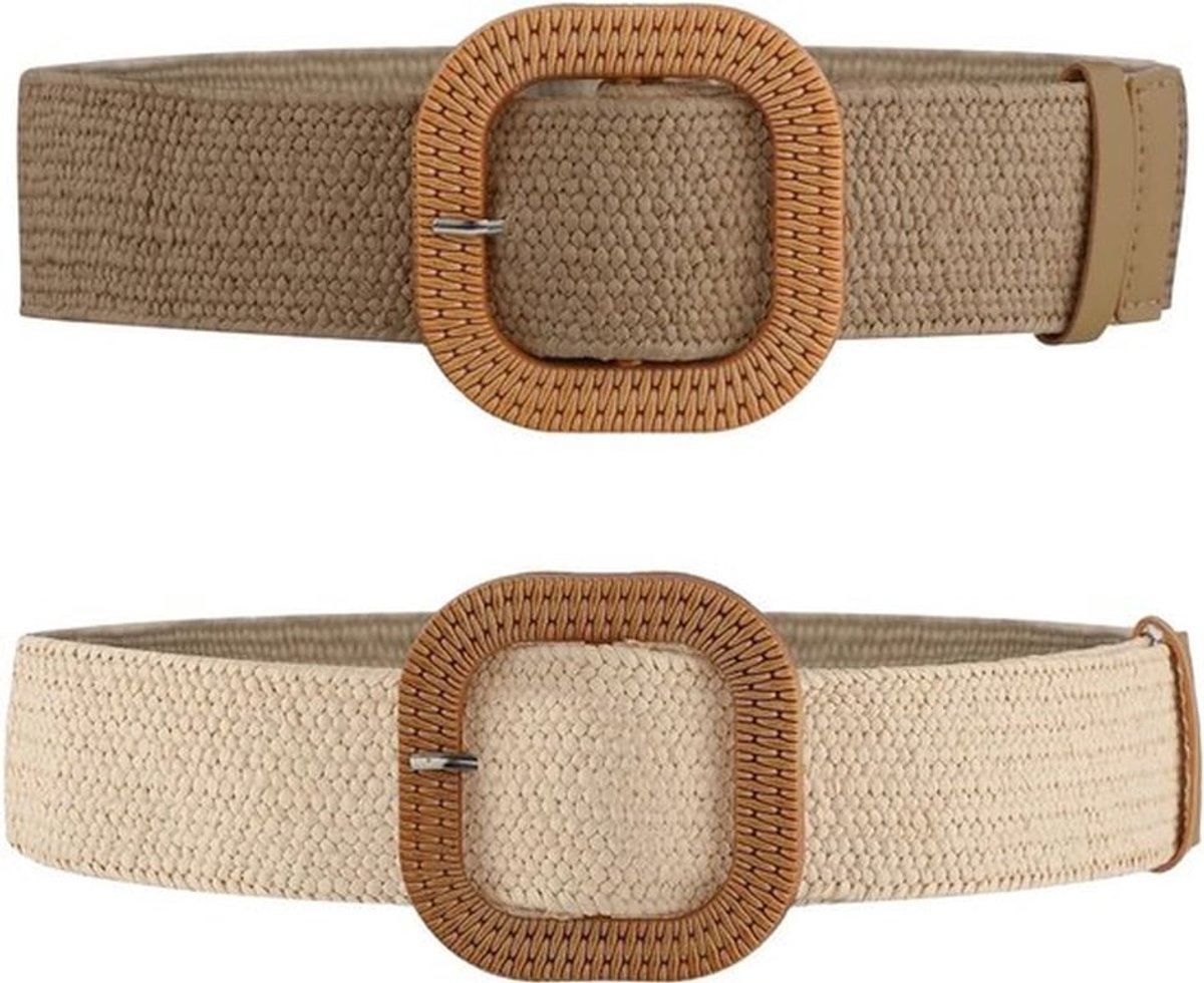 2-delige Gevlochten Taillebanden voor Dames, Elastische Riemen voor Zomerjurken, Brede Taillebanden met Houten Gesp voor Strandoutfits en Casual Damesmode