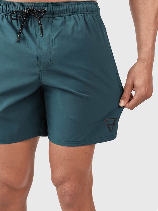 Short de bain vert foncé pour homme avec cordon de serrage noir et logo sur le côté.
