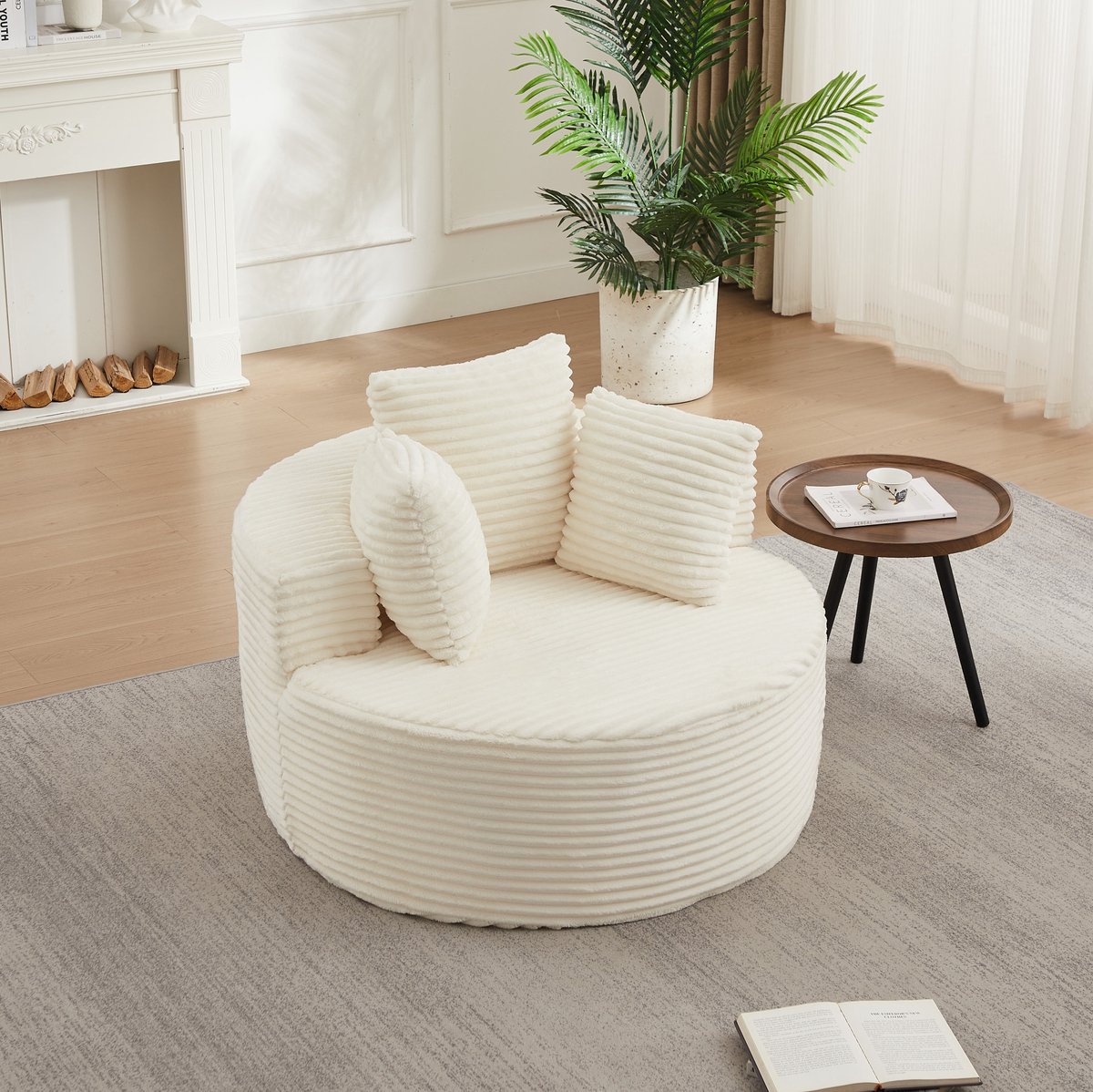 MIVRAY Fauteuil 110 Cm - Ronde Corduroy Loungestoel Met 3 Kussens En Brede Armleuningen - Voor Woonkamer En Slaapkamer - Beige